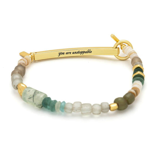 Scout 'Unstoppable' Hidden Message Bracelet in Chiltonite beads with engraved metal bar