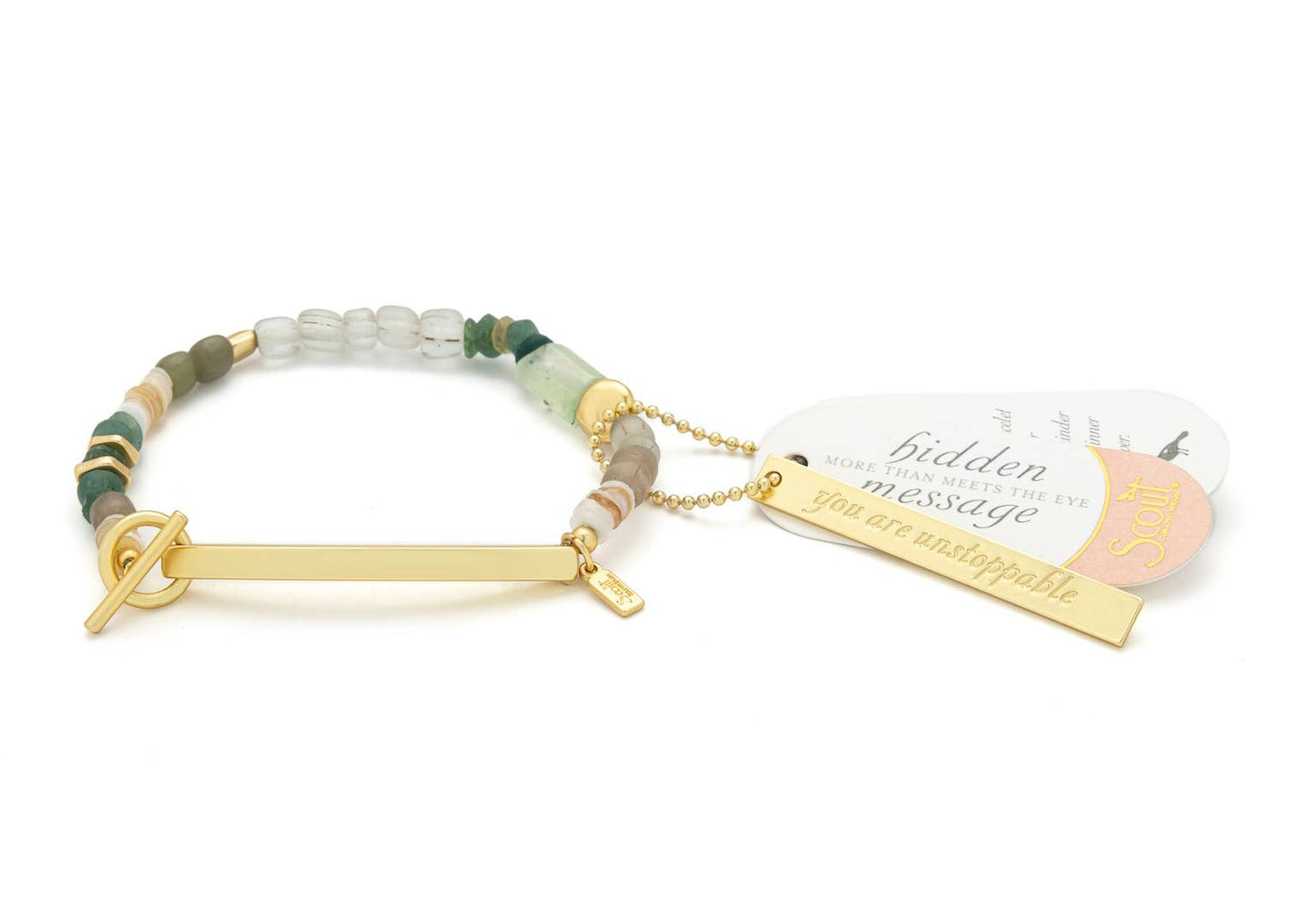 Scout 'Unstoppable' Hidden Message Bracelet detail of Chiltonite stone beads