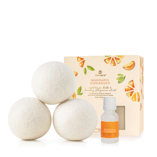 Thymes Mandarin Coriander Wool Dryer Balls and Fragrance Oil Set