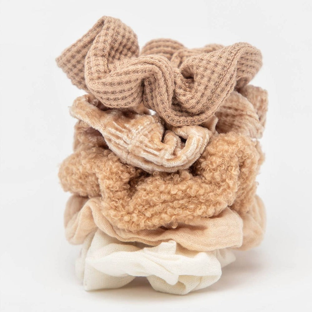 KITSCH - Assorted Textured Scrunchies 5pc - Sand - GRACEiousliving.com