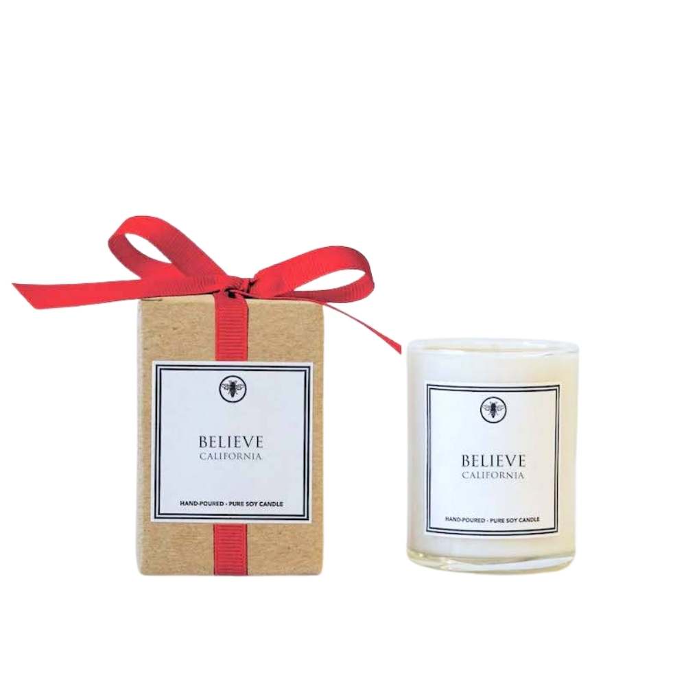 Ella B Believe 3 oz hand-poured soy votive candle in cinnamon and nutmeg, holiday candle with red grosgrain ribbon