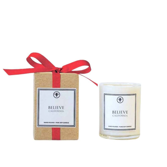 Ella B Believe 3 oz hand-poured soy votive candle in cinnamon and nutmeg, holiday candle with red grosgrain ribbon
