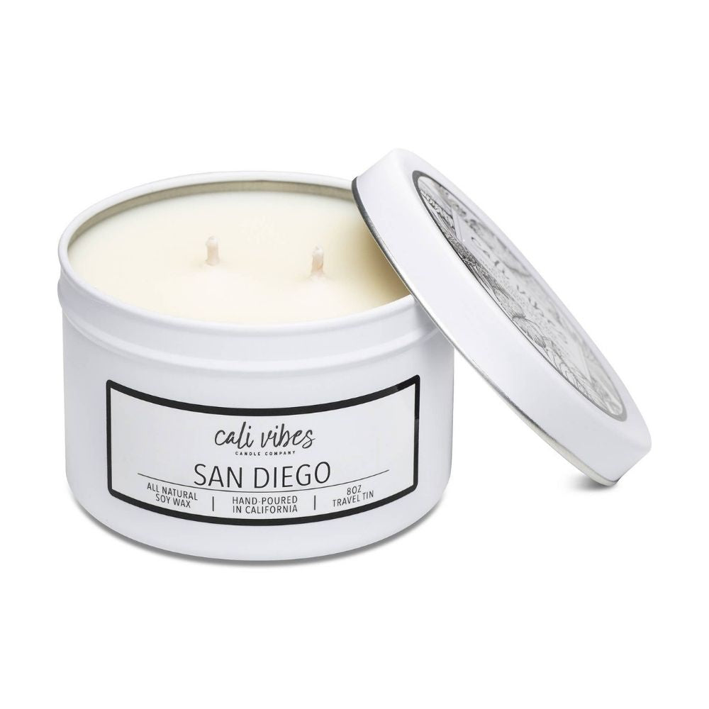 Cali Vibes Candle Company - 8 oz San Diego - Matte White Travel Tin Double Wick - GRACEiousliving.com
