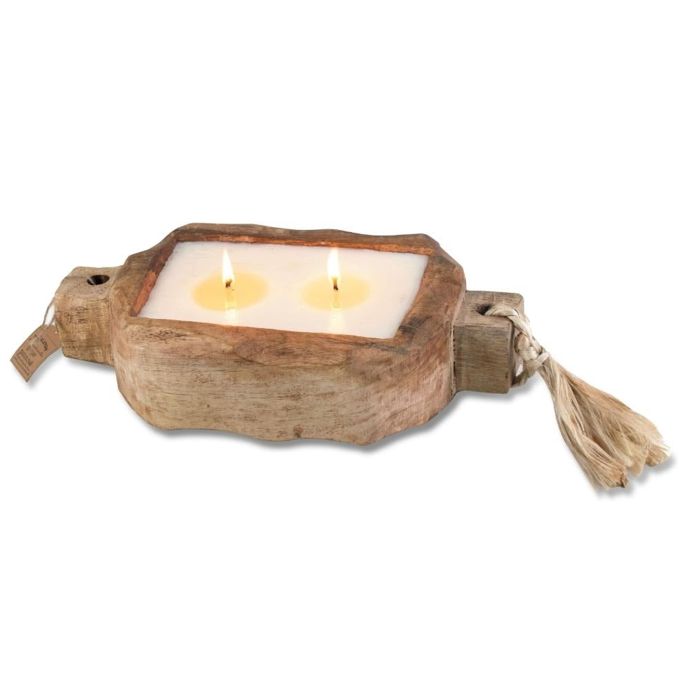 Himalayan Grapefruit Pine driftwood tray candle shown with vessel detail, reclaimed wood and metal liner