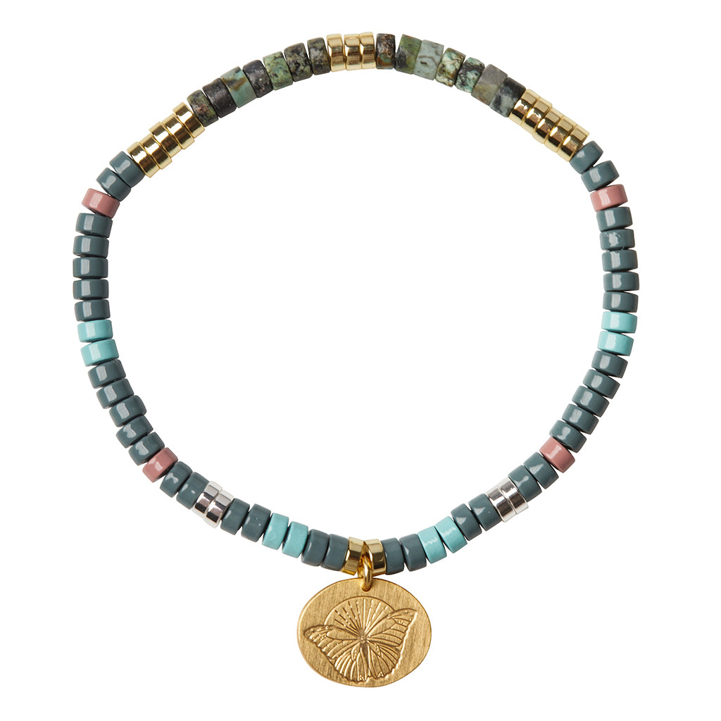Scout African Turquoise Charm Bracelet, stone beads with metal charm, Stone of Transformation