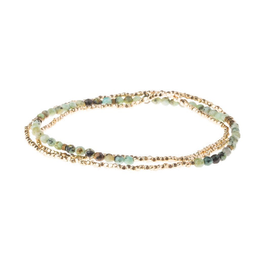 Scout delicate African Turquoise wrap in faceted speckled green stone beads, Stone of Transformation