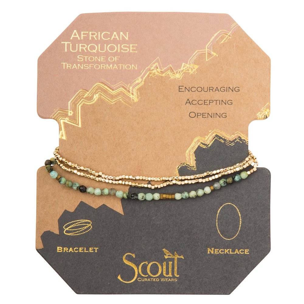 Scout delicate African Turquoise Stone of Transformation wrap worn layered at the wrist