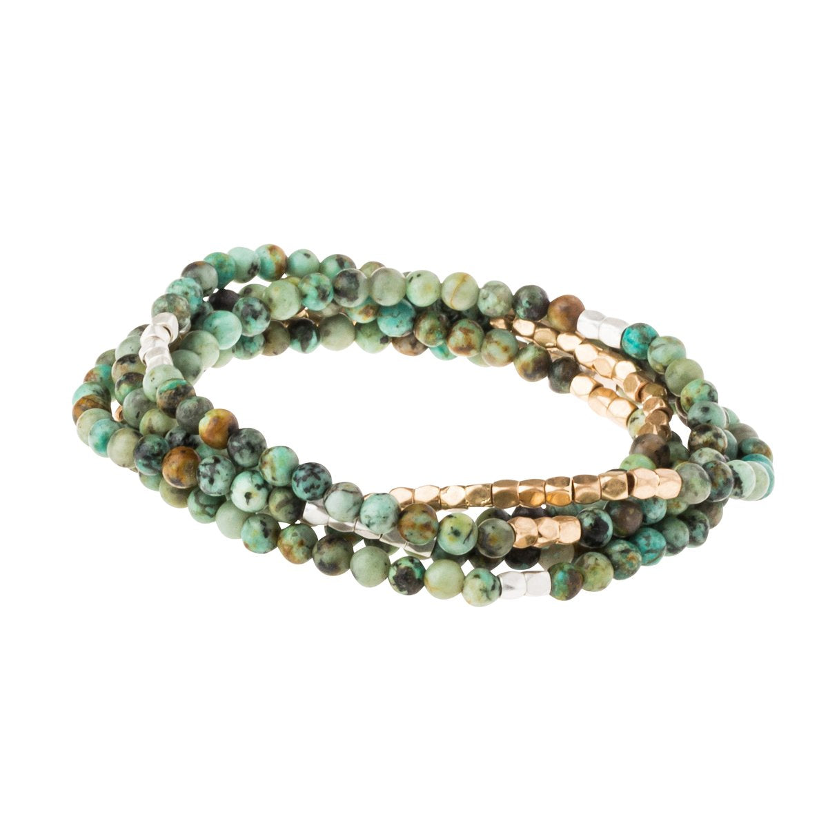 Scout African Turquoise wrap bracelet in speckled green stone beads with plated brass, Stone of Transformation