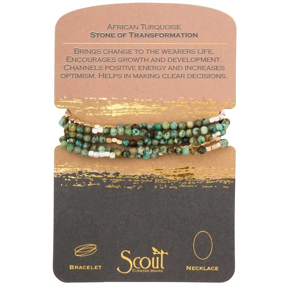 Scout African Turquoise Stone of Transformation wrap worn as a necklace, semi-precious beads on stretch cord