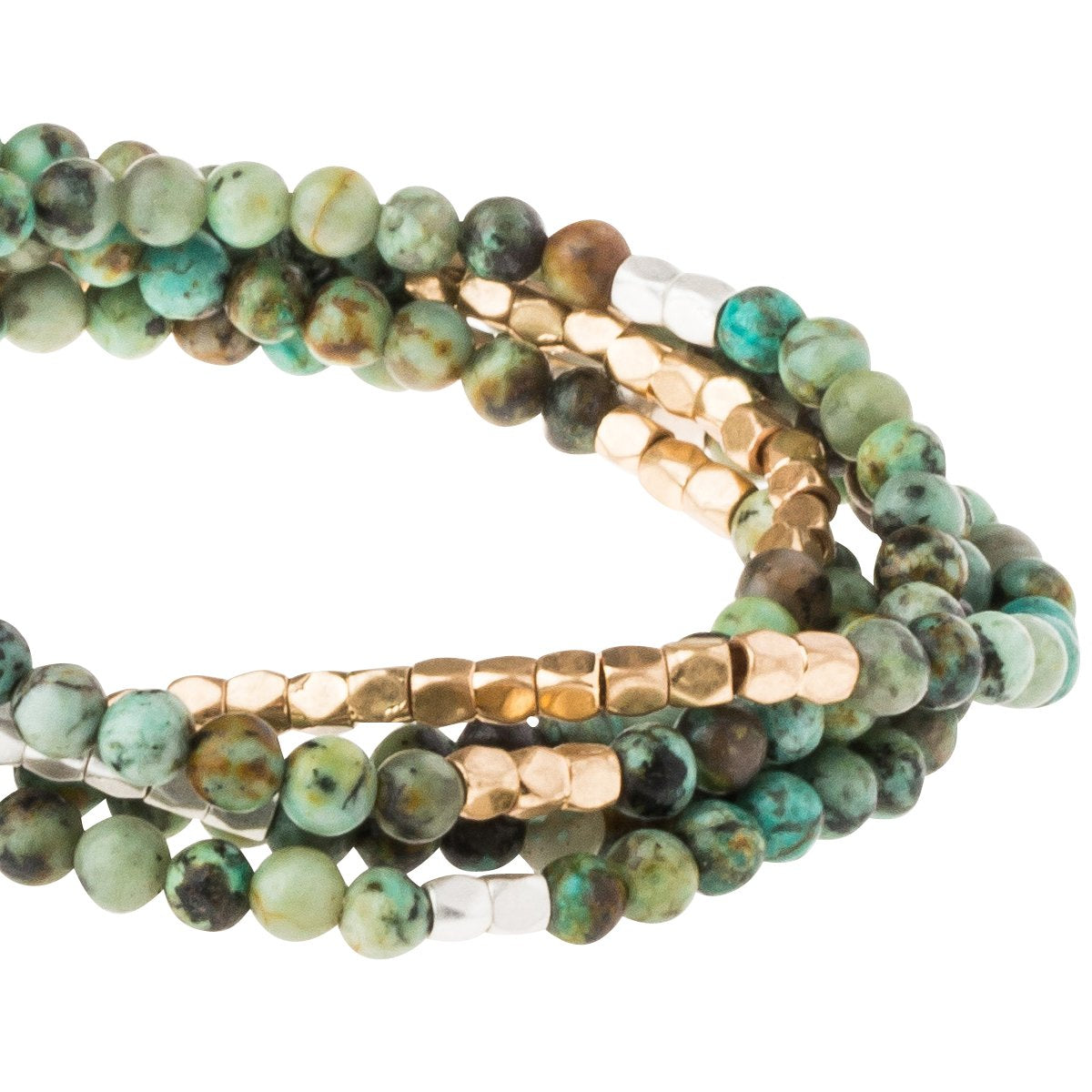 Scout African Turquoise wrap close detail of mottled gemstone beads and brass accents