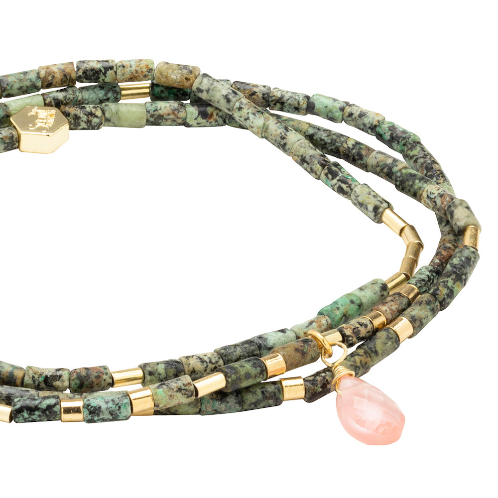 Scout African Turquoise and Watermelon Teardrop Wrap close detail of faceted teardrop gemstone beads