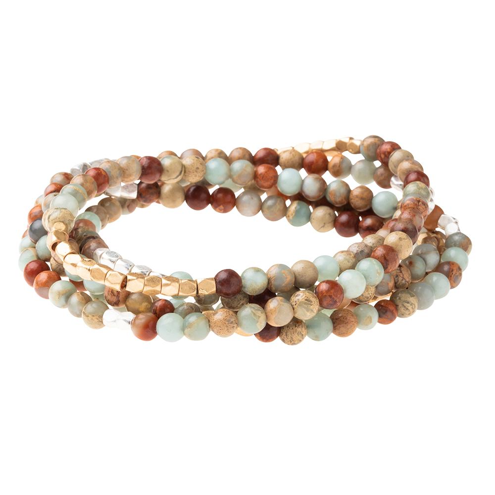 Scout Aqua Terra wrap bracelet in soft sea-tone stone beads with plated brass, Stone of Peace