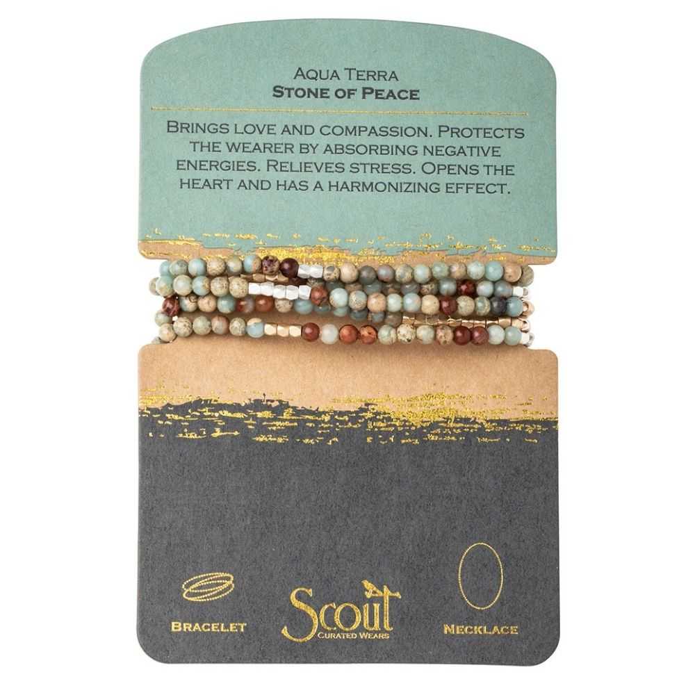 Scout Aqua Terra Stone of Peace wrap worn as a necklace, semi-precious beads on stretch cord