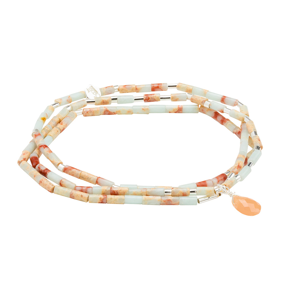 Scout Aqua Terra and Sunstone Teardrop Wrap in faceted teardrop stones with metal accents, Stone of Peace