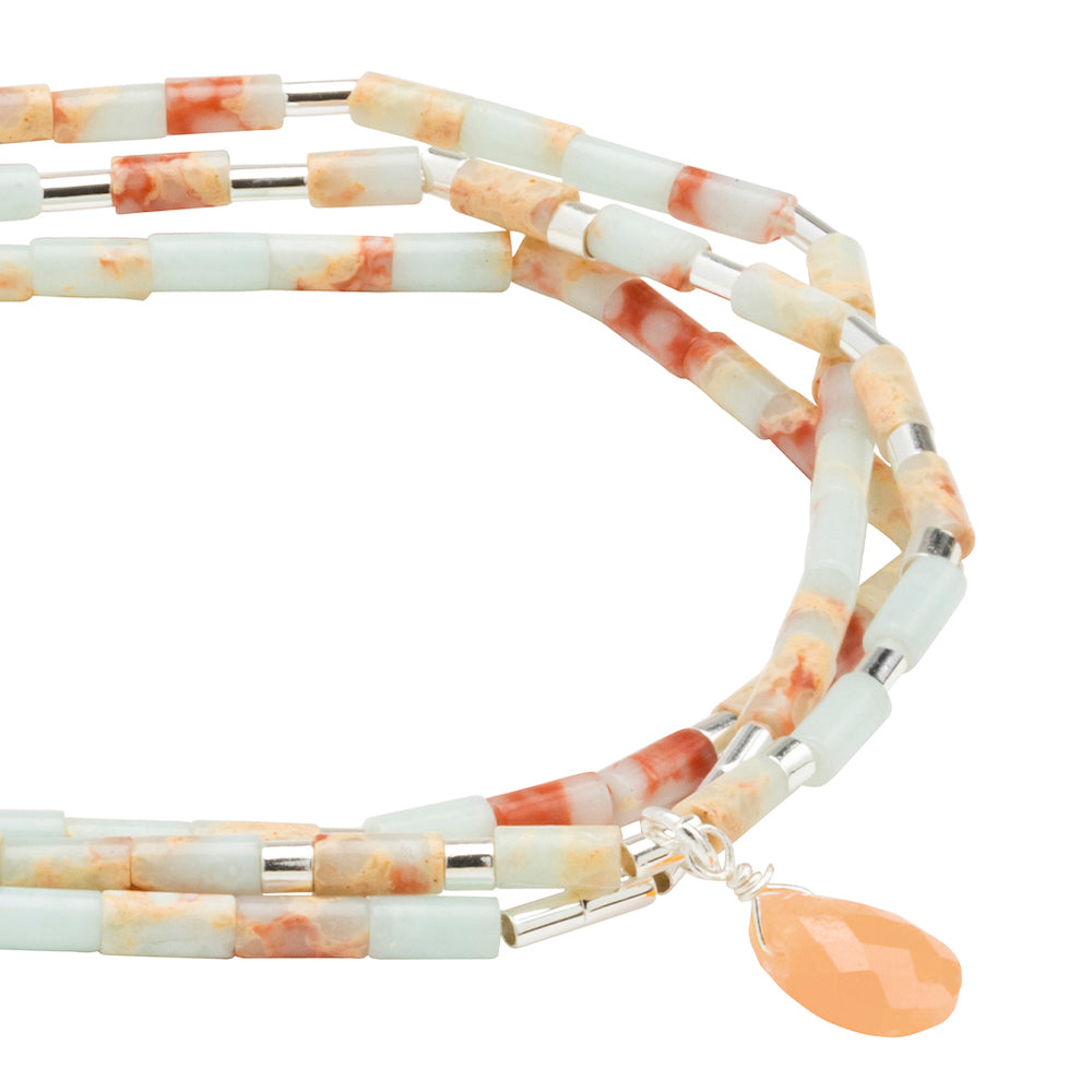 Scout Aqua Terra and Sunstone Teardrop Wrap close detail of faceted teardrop gemstone beads