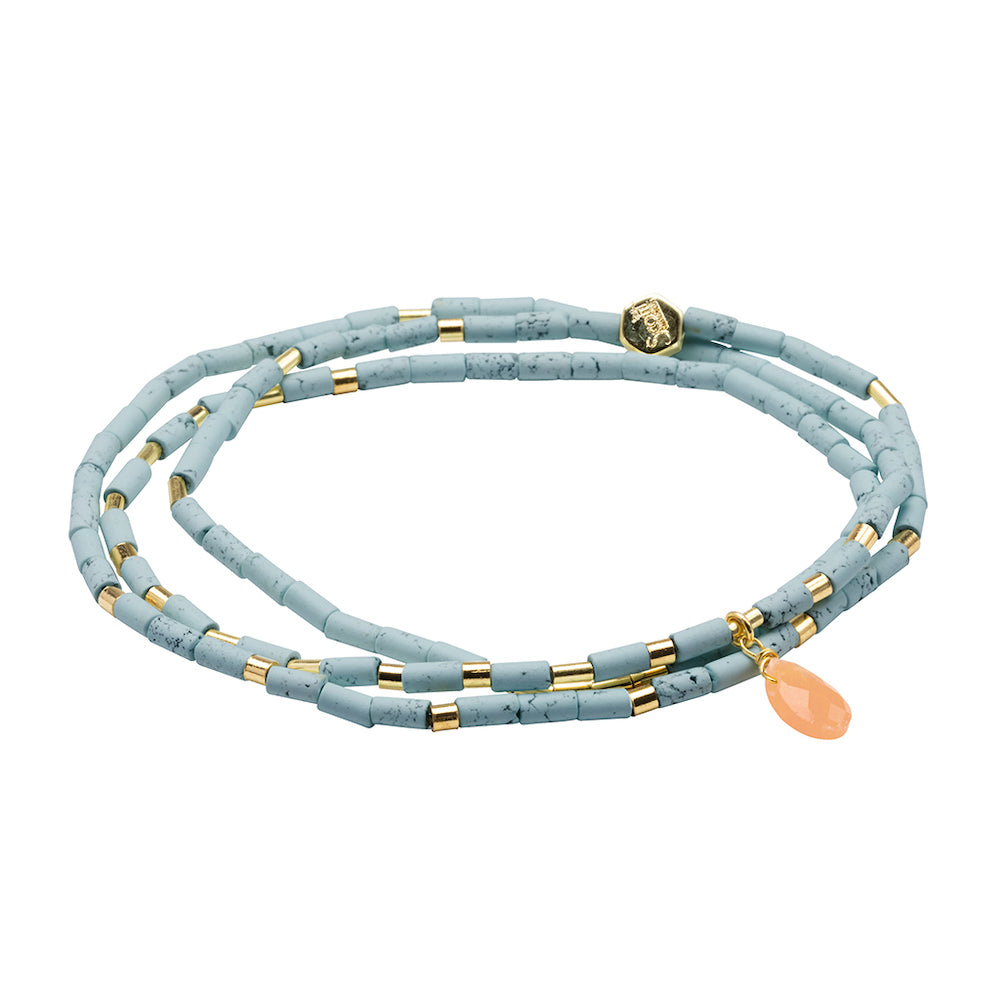 Scout Blue Howlite and Sunstone Teardrop Wrap in faceted teardrop stones with metal accents, Stone of Harmony