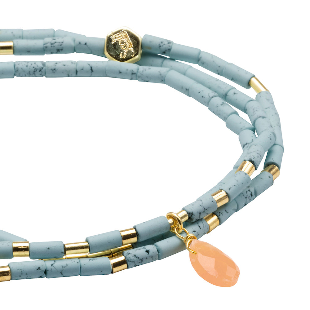 Scout Blue Howlite and Sunstone Teardrop Wrap close detail of faceted teardrop gemstone beads