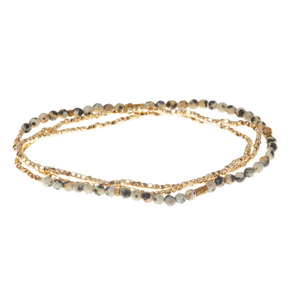 Scout delicate Dalmation Jasper wrap in faceted cream and black spotted stone beads, Stone of Joy