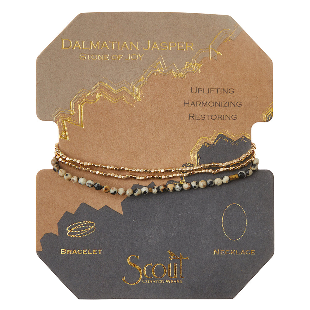 Scout delicate Dalmation Jasper Stone of Joy wrap worn layered at the wrist