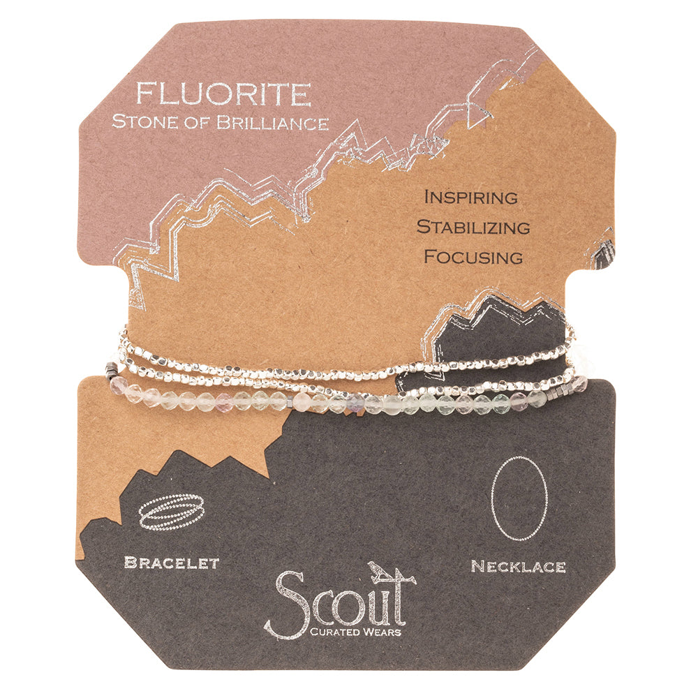 Scout delicate Fluorite Stone of Brilliance wrap worn layered at the wrist