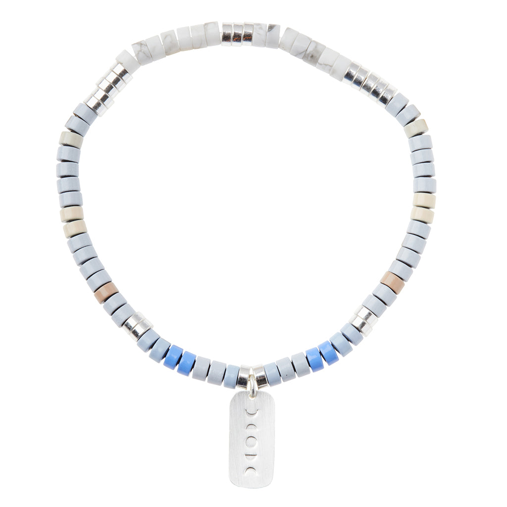 Scout Howlite Charm Bracelet, stone beads with metal charm, Stone of Harmony