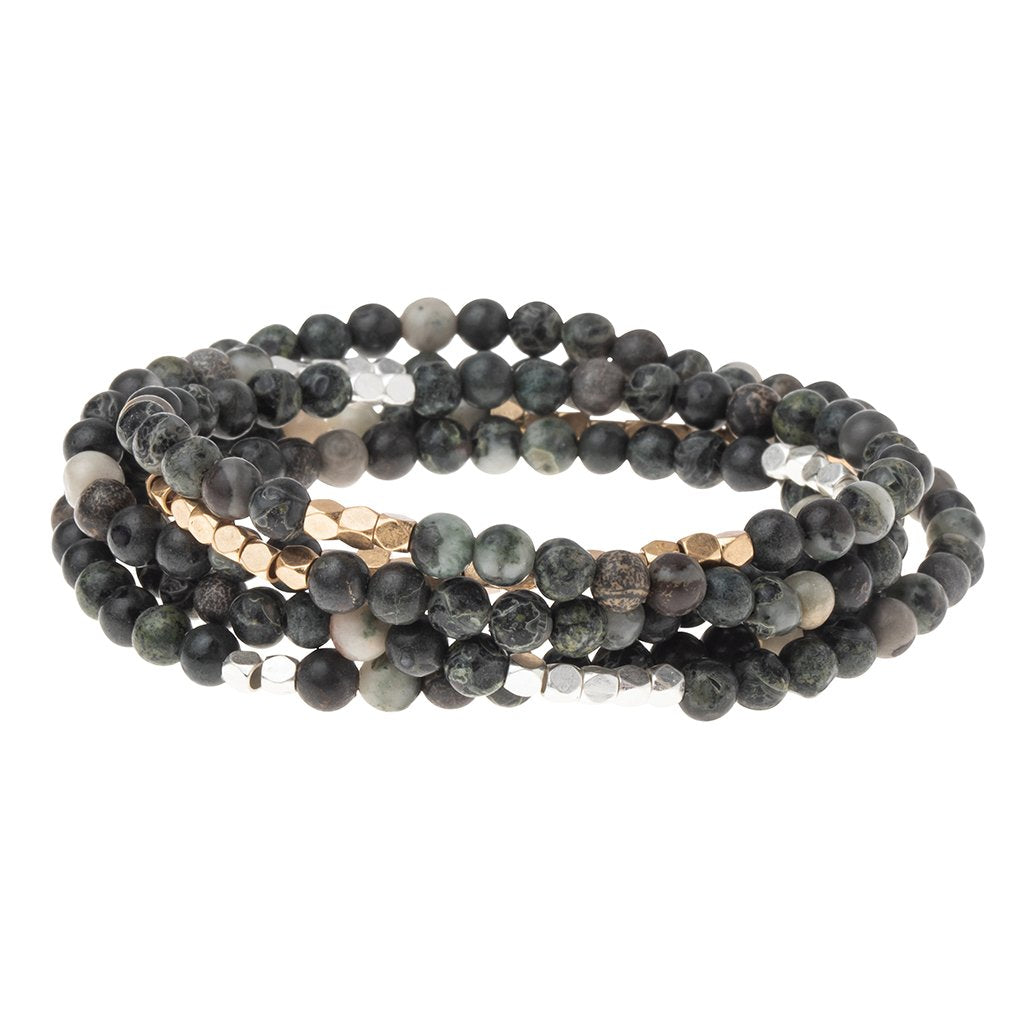 Scout Kambaba Jasper wrap bracelet in deep green fossil-patterned stone beads, Stone of Tranquility