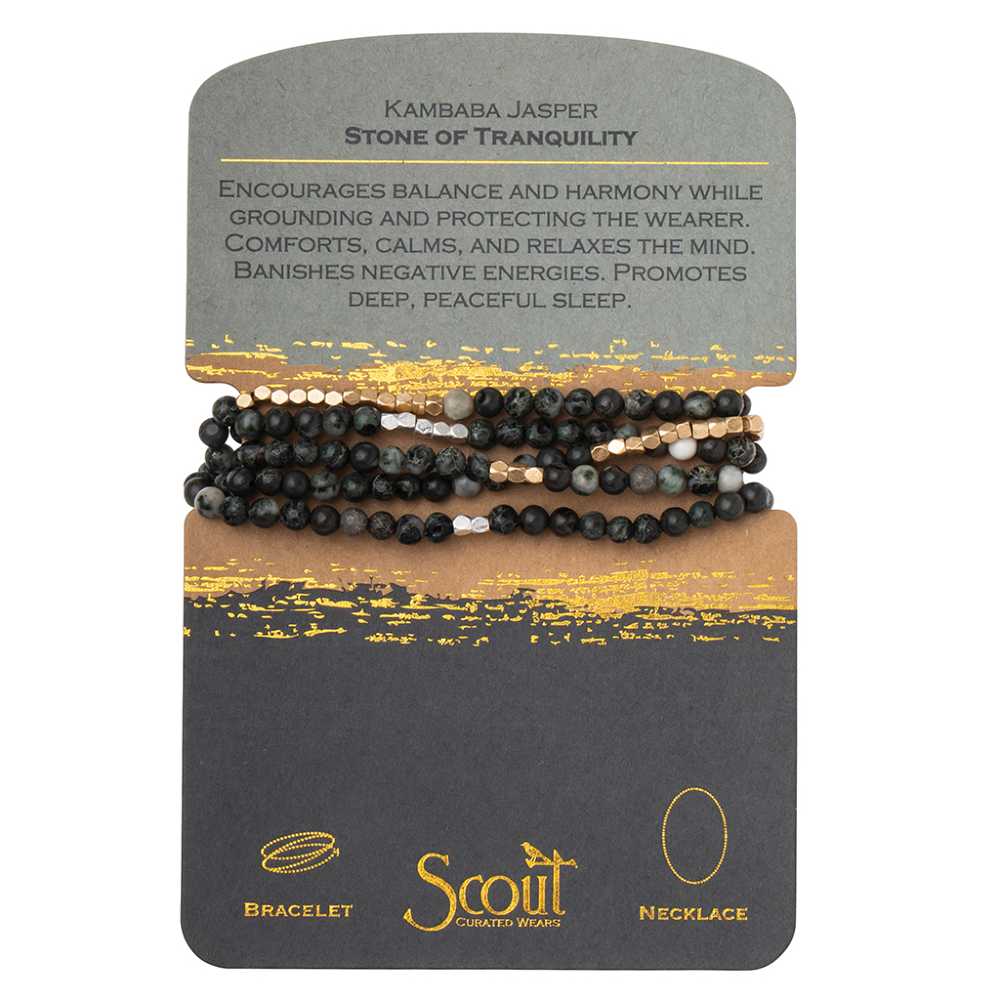 Scout Kambaba Jasper Stone of Tranquility wrap worn as a necklace, semi-precious beads on stretch cord