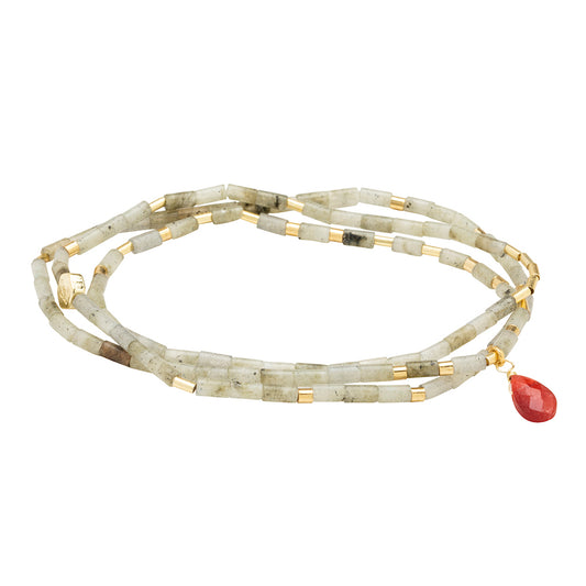 Scout Labradorite and Fuschia Teardrop Wrap in faceted teardrop stones with metal accents, Stone of Magic