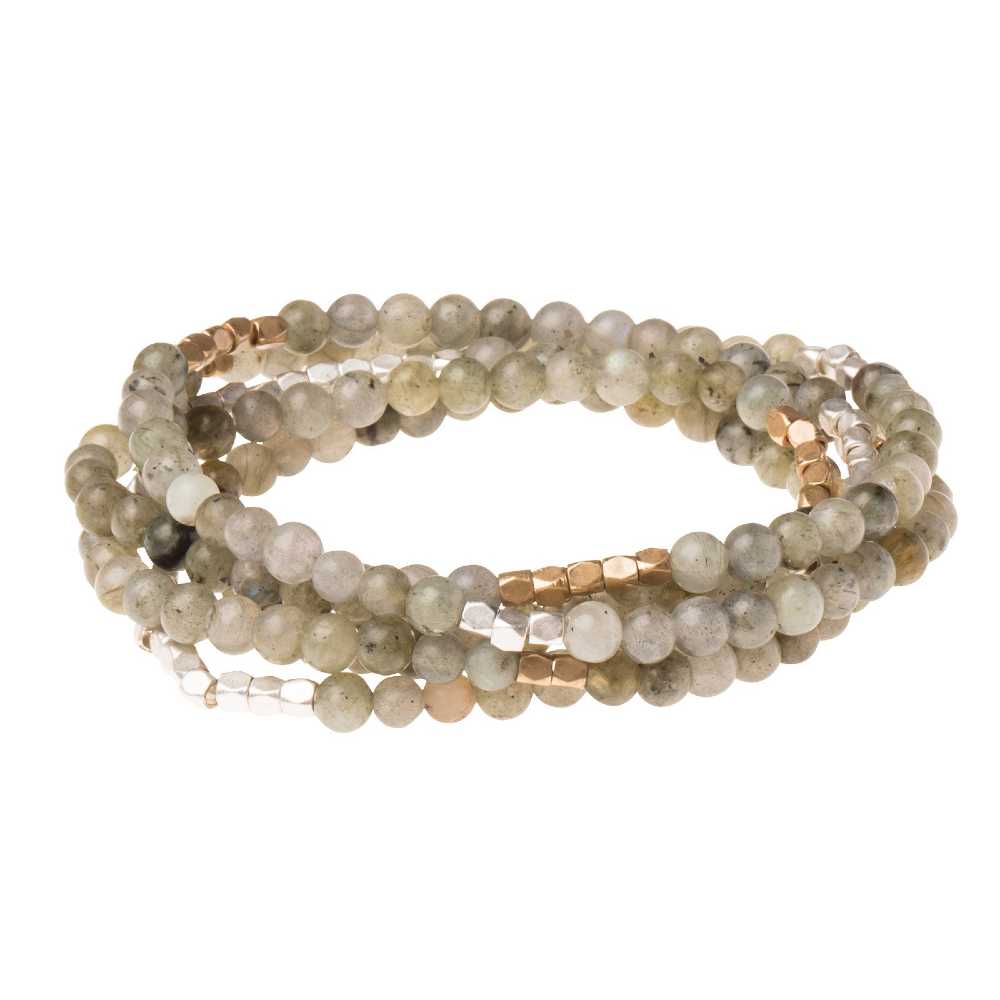 Scout Labradorite wrap bracelet in iridescent blue-flash stone beads with plated brass, Stone of Magic
