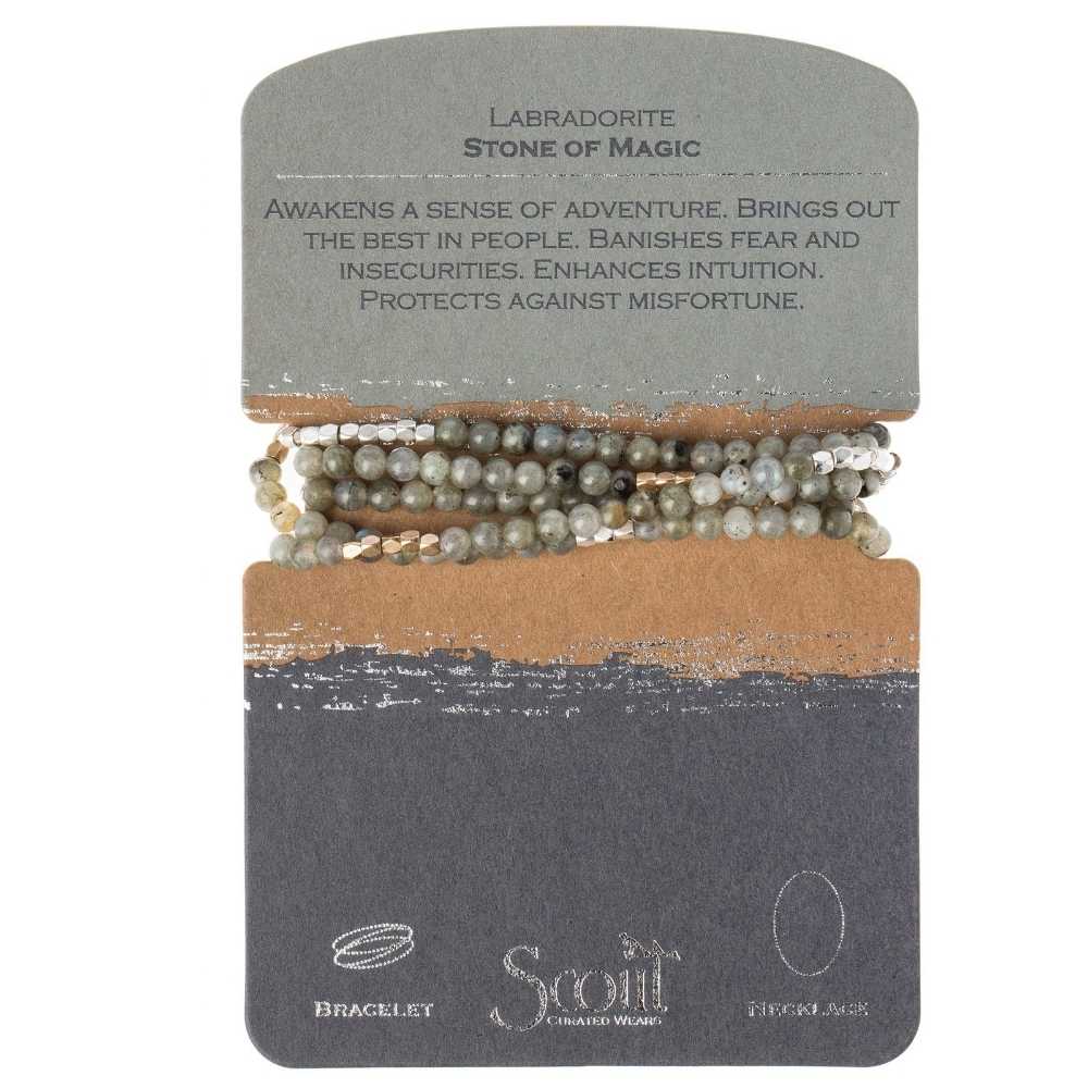 Scout Labradorite Stone of Magic wrap shown styled as a necklace, semi-precious beads on stretch cord