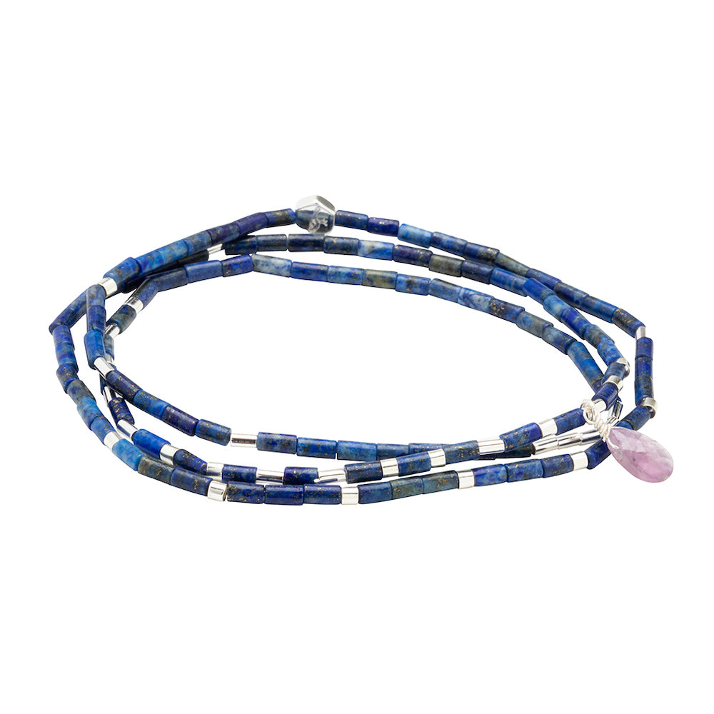 Scout Lapis and Amethyst Teardrop Wrap in faceted teardrop stones with metal accents, Stone of Clarity