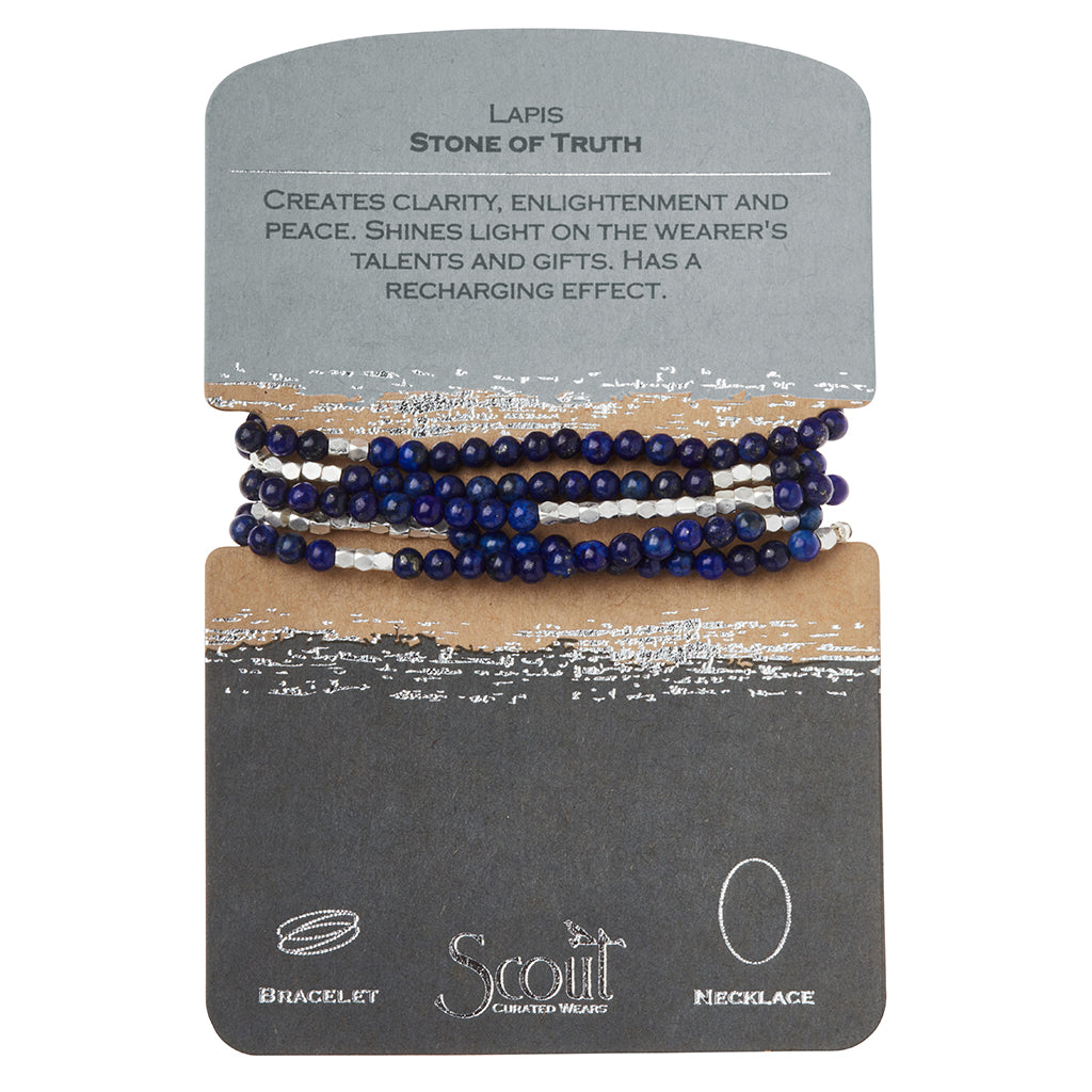 Scout Lapis Lazuli Stone of Truth wrap worn as a necklace, semi-precious beads on stretch cord