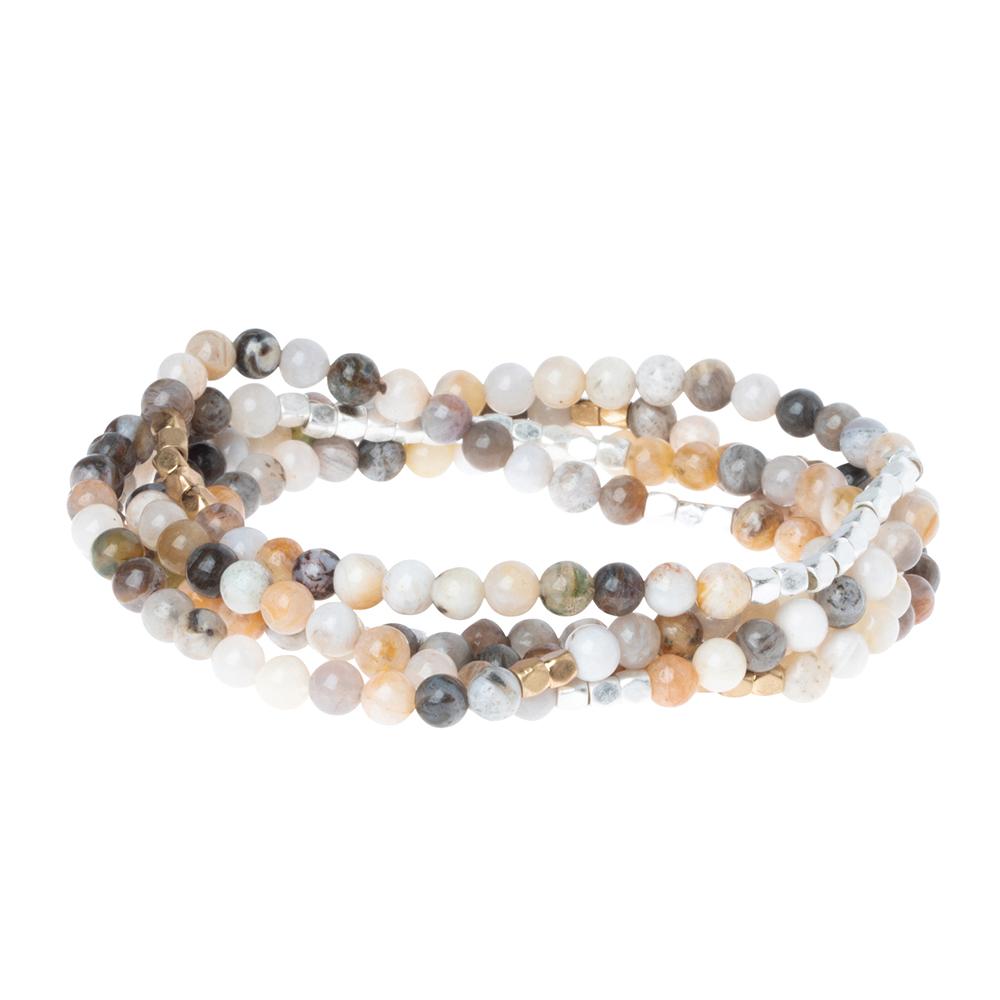 Scout Mexican Onyx wrap bracelet in warm banded stone beads with plated brass, Stone of Confidence