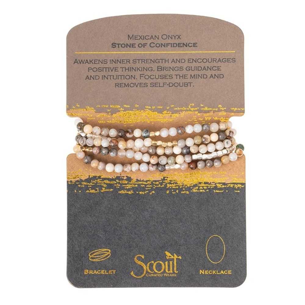 Scout Mexican Onyx Stone of Confidence wrap worn as a necklace, semi-precious beads on stretch cord