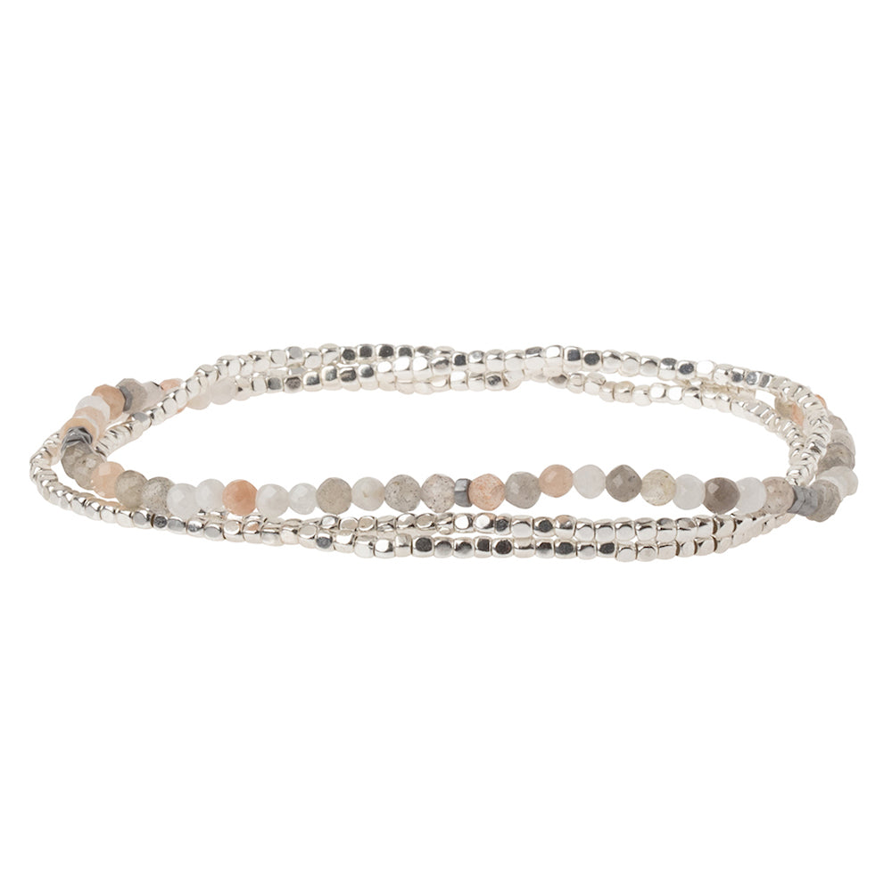Scout delicate Moonstone wrap in faceted milky white stone beads, Stone of Balance