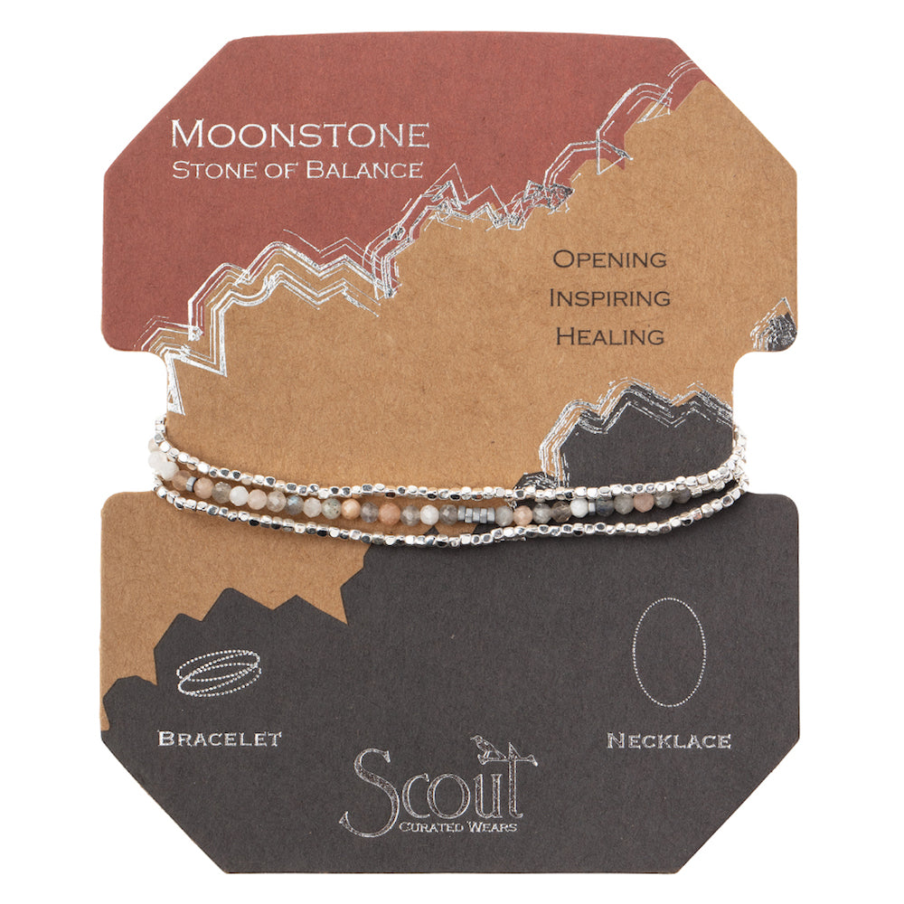 Scout delicate Moonstone Stone of Balance wrap worn layered at the wrist