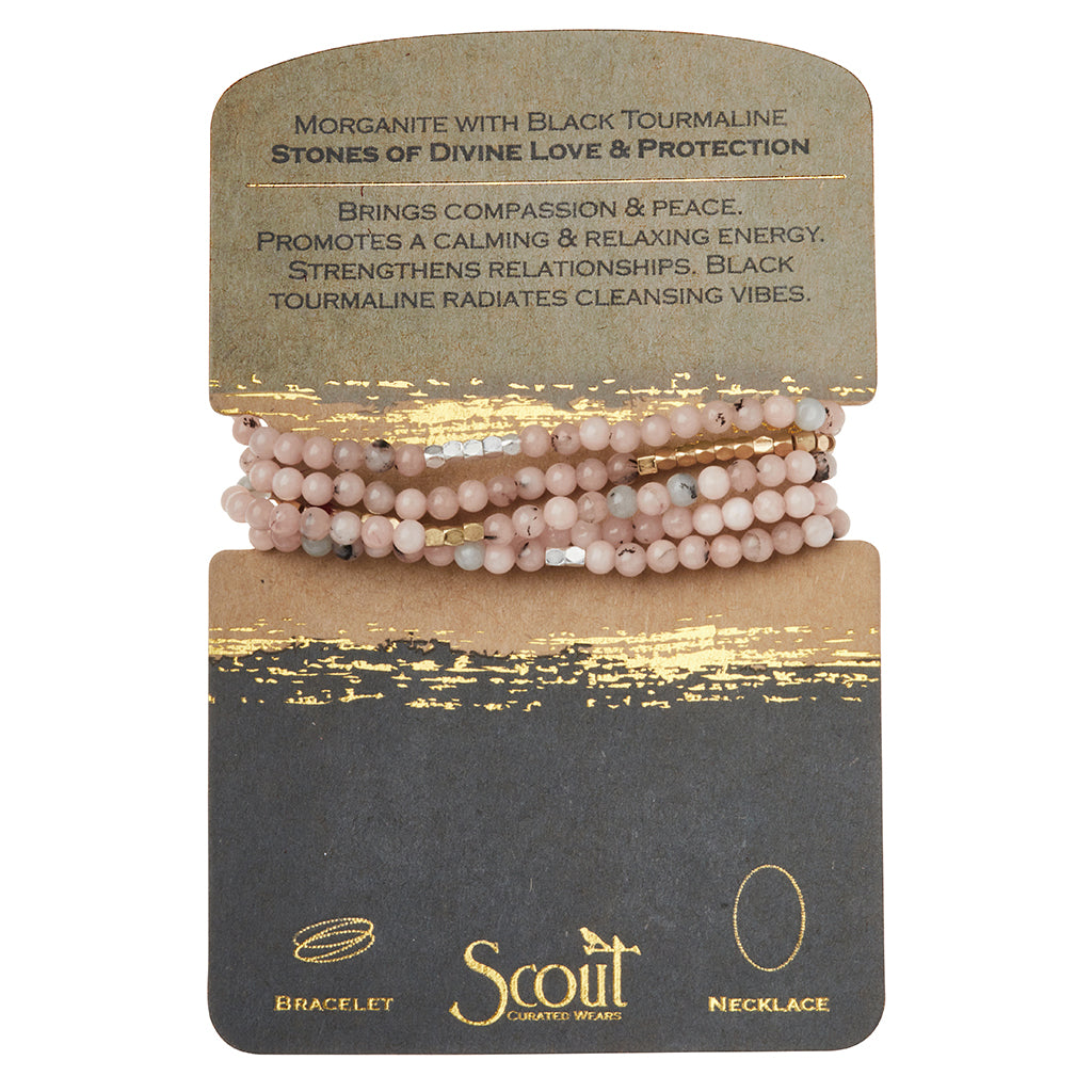 Scout Morganite and Black Tourmaline wrap worn as a necklace, dual-stone Stones of Divine Love and Protection