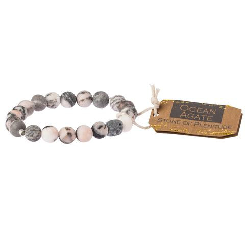 Scout Ocean Agate stackable bracelet in fern-patterned green and cream beads, Stone of Plenitude