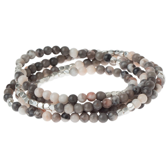 Scout Stone of Plenitude wrap in Dendritic Ocean Agate beads with plated brass accents, worn as bracelet or necklace