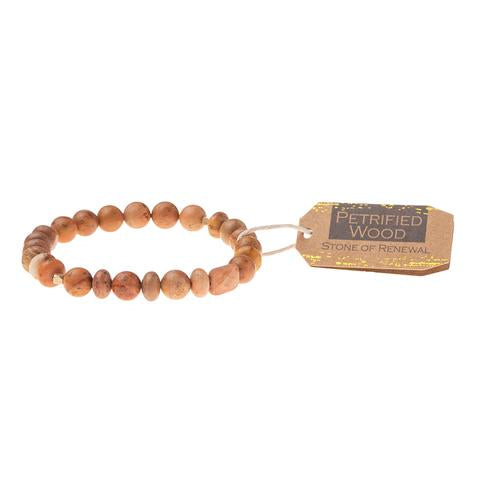 Scout Petrified Wood stackable bracelet in earthy fossilized stone beads with visible growth rings, Stone of Renewal