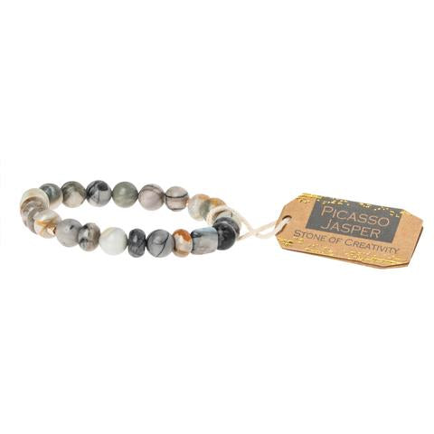 Scout Picasso Jasper stackable bracelet in painterly tan and charcoal stone beads, Stone of Creativity