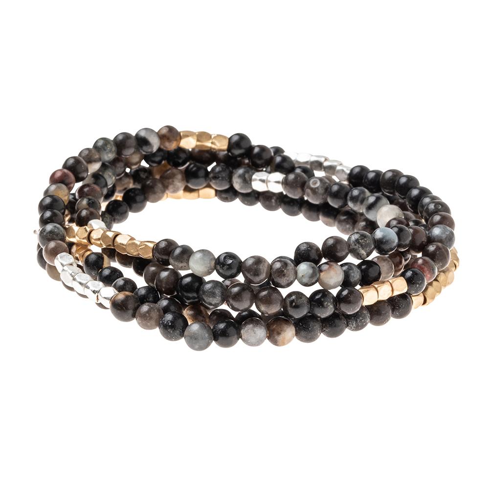 Scout Picasso Jasper wrap bracelet in painterly tan and charcoal stone beads, Stone of Creativity