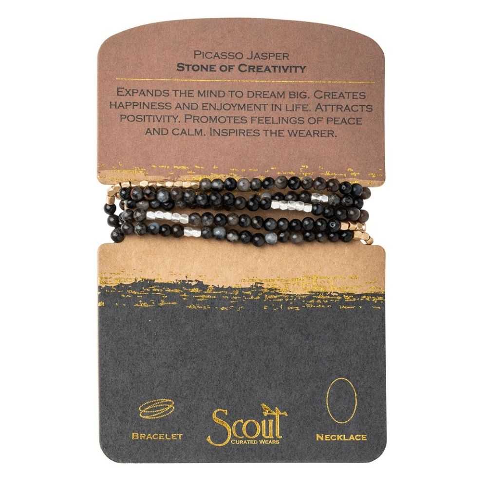 Scout Picasso Jasper Stone of Creativity wrap worn as a necklace, semi-precious beads on stretch cord