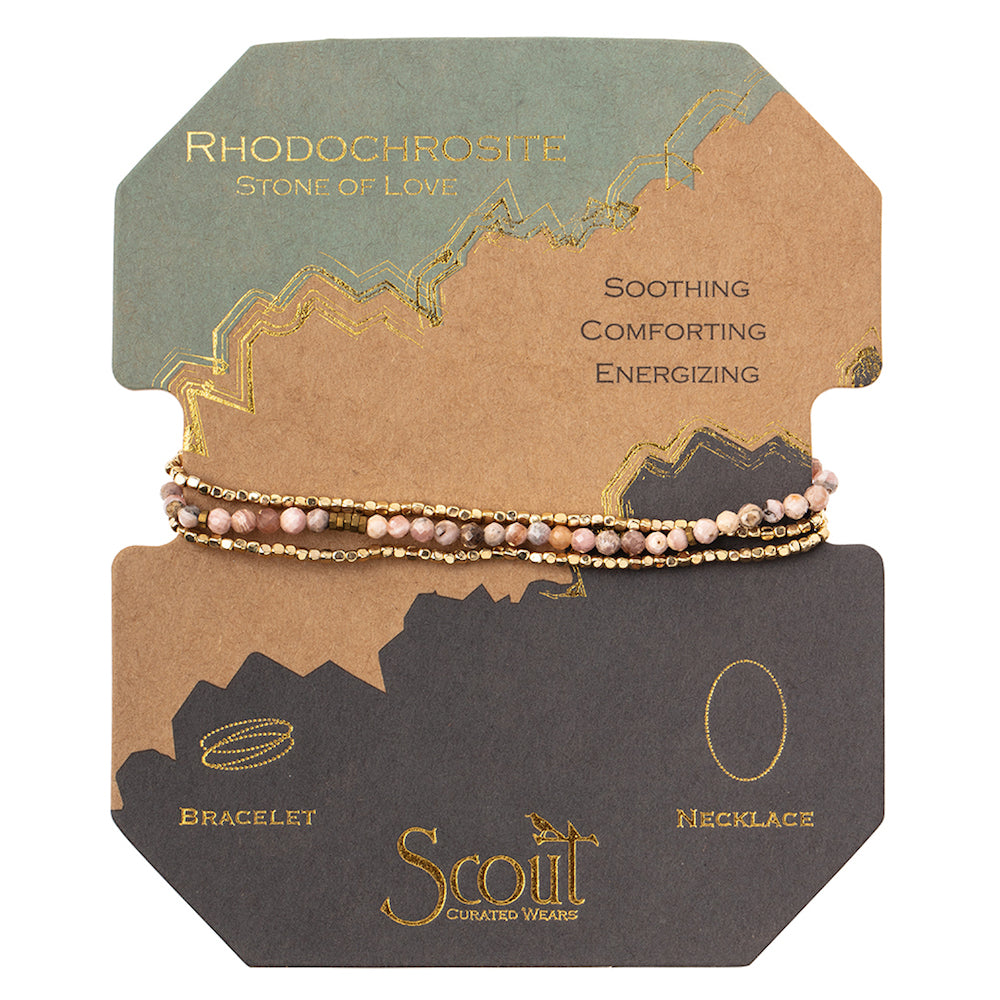 Scout delicate Rhodochrosite Stone of Love wrap worn layered at the wrist