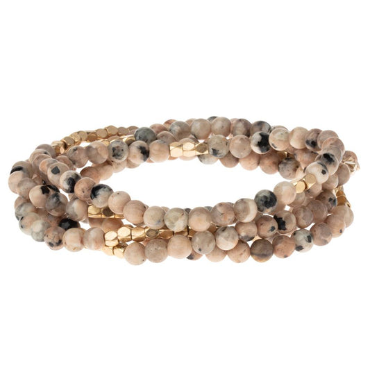 Scout Rhodonite wrap bracelet in pink and black veined stone beads with plated brass, Stone of Healing