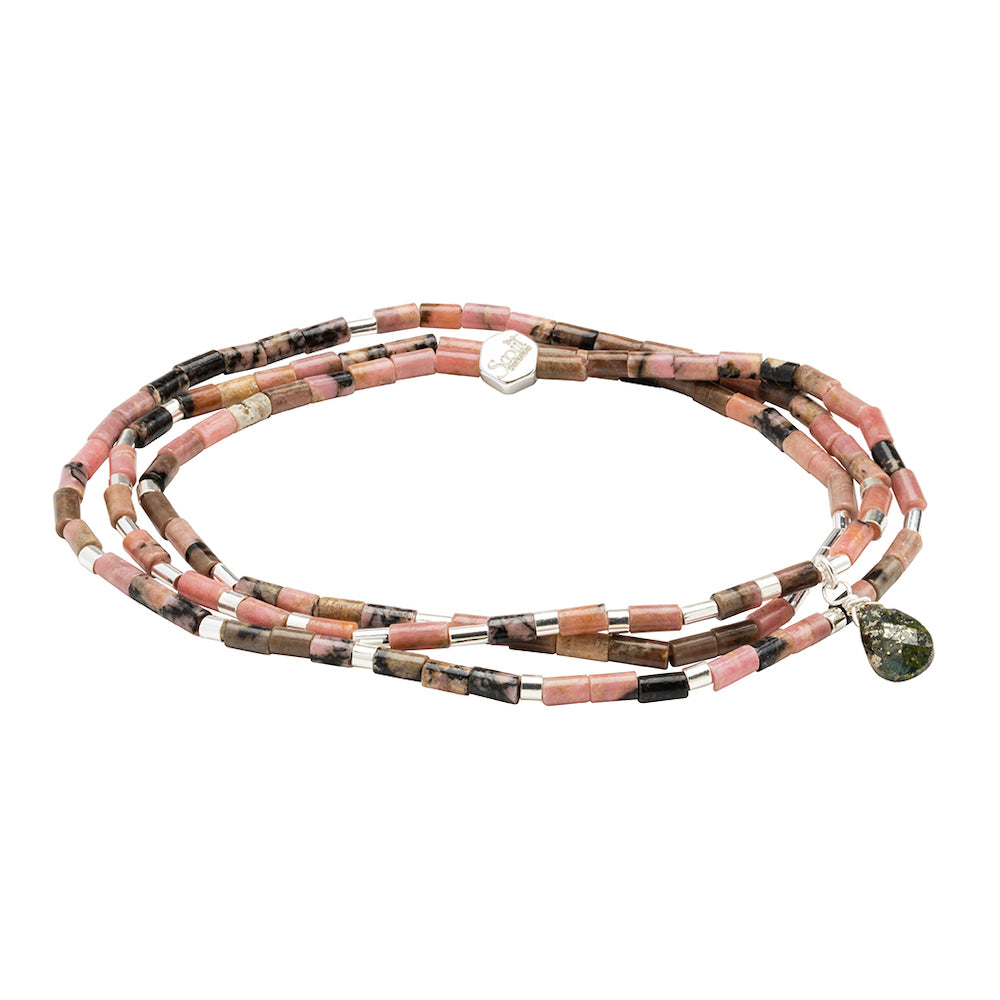 Scout Rhodonite and Pyrite Teardrop Wrap in faceted teardrop stones with metal accents, Stone of Healing