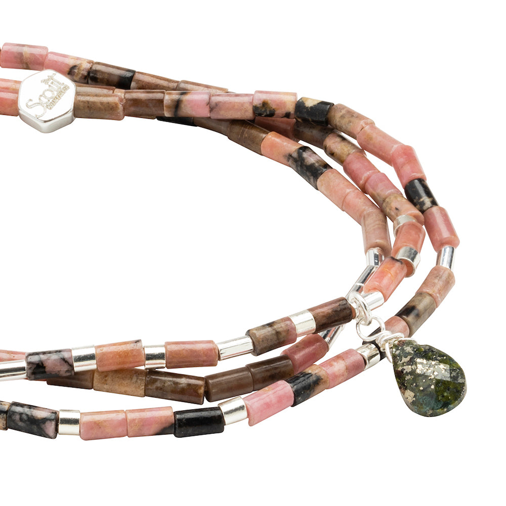 Scout Rhodonite and Pyrite Teardrop Wrap close detail of faceted teardrop gemstone beads