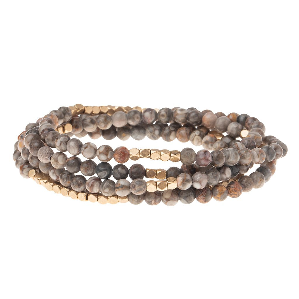 Scout Rhyolite wrap bracelet in swirling pink and green volcanic stone beads, Stone of Joy