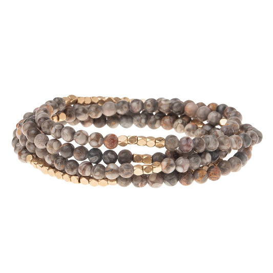 Scout Rhyolite wrap bracelet in swirling pink and green volcanic stone beads, Stone of Joy