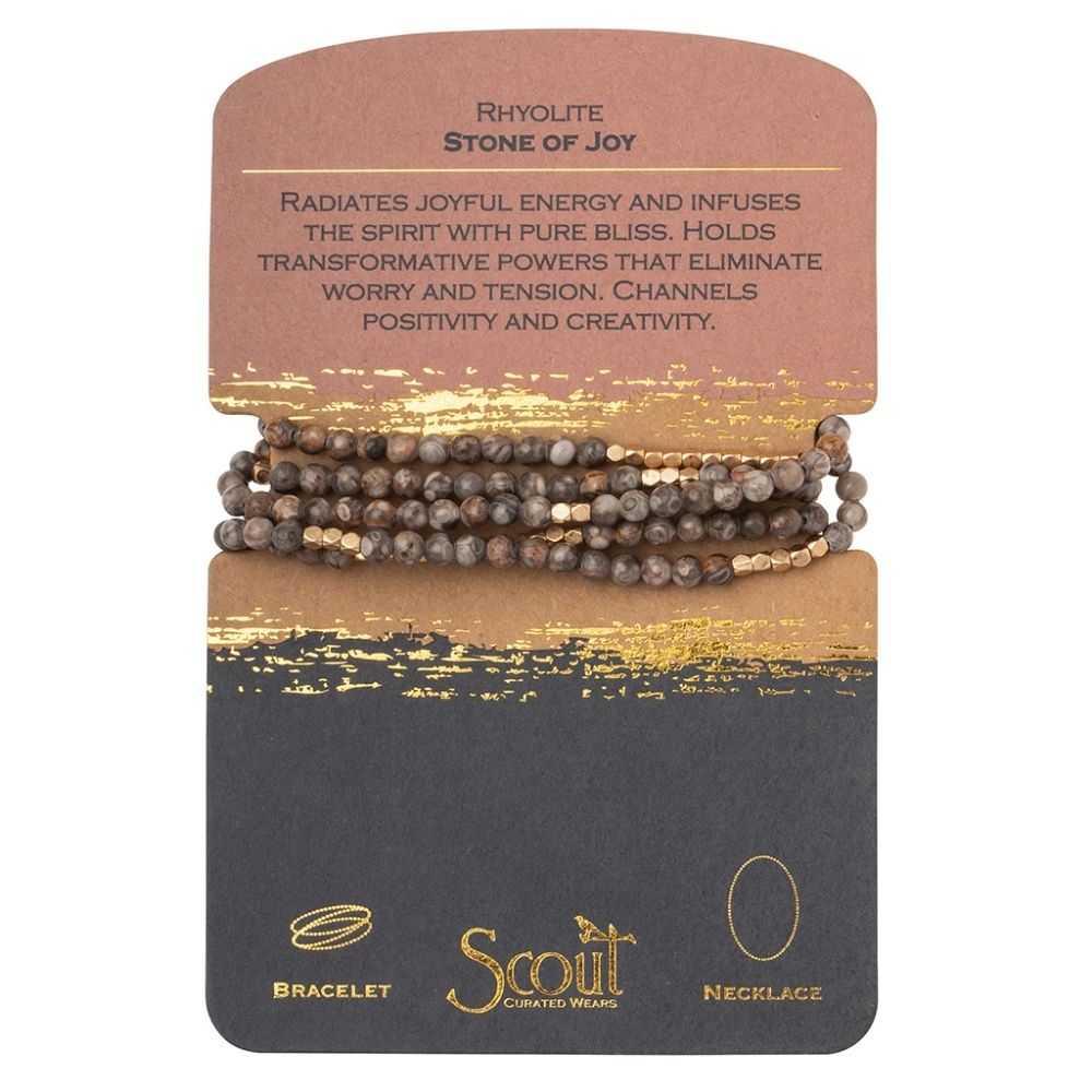 Scout Rhyolite Stone of Joy wrap worn as a necklace, semi-precious beads on stretch cord